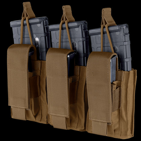 The Condor Triple Kangaroo Mag Pouch Gen II in tan holds three rifle and three pistol magazines, features retention straps for security, and is perfect for EDC or the range.